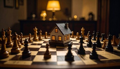 A miniature house sits at the center of a chessboard surrounded by opposing forces