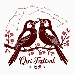 Qixi Festival lovebird pair, cherry blossom branch, starlit romance, Chinese celebration, unique vector design for cards