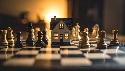 A miniature house sits strategically placed on a chessboard amidst opposing armies