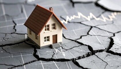 A miniature house sits precariously on cracked earth depicting a volatile housing market
