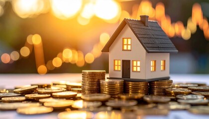A small house model sits atop a stack of gold coins symbolizing homeownership and financial security