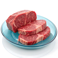 Obraz premium Meat, meat pieces on a plate isolated, meat on a plate in elegant blue color, light falling on it from an angle making it more visible and attractive, close-up, white background