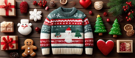 Christmas sweater, gifts, and treats on wooden surface