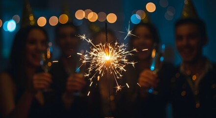 Happy New Year! A sparkler burns brightly, emitting shiny sparks against a bokeh festive Silvester party background
