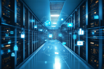 Fototapeta premium ICT - information and telecommunication technology and IOT - internet of things concepts. Diagrams with icons on server room backgrounds