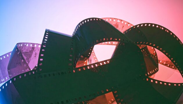 Artistic closeup of a tangled 35mm film strip with retro lighting