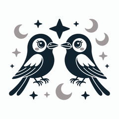 Qixi Festival bird couple illustration, celestial stars and moon, Chinese Valentines Day greeting card, unique vector design