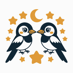 Qixi Festival lovebird vector design, romantic moon and stars, Chinese Valentines Day poster, creative illustration for cards