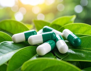 Herbal capsules resting on vibrant green leaves