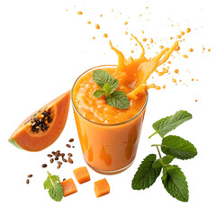 Orange papaya smoothie splash with mint isolated on transparent background