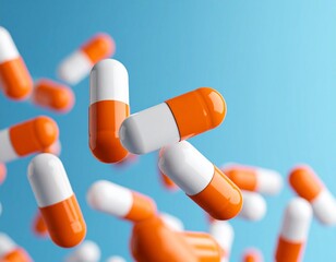 Orange and white capsules float against a light blue background