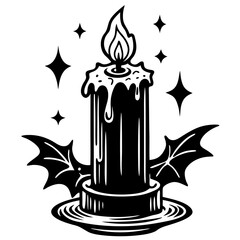Black and White Stylized Candle with Holly and Stars.