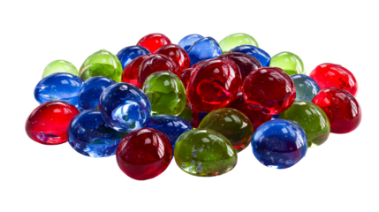 Creative arrangement of colorful gelatin candies on clear bg