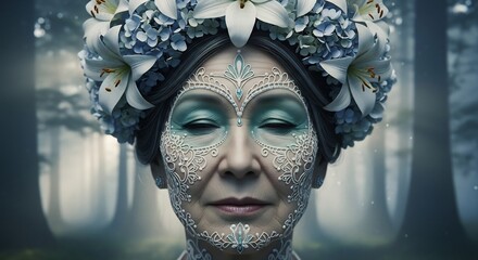 Elegant woman with floral crown and ornate face paint, perfect for fantasy, fairy tale or Dia de los Muertos concepts. Mystical, ethereal portrait in nature setting.