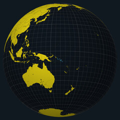 Solomon Islands on Globe. Country view on the world map in Charcoal Bright Yellow color palette. Solomon Islands shape on map. Globe with meridians, parallels, countries, rivers and lakes.