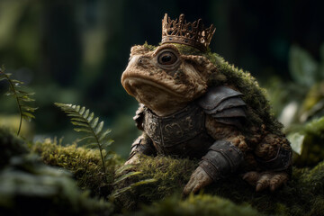 Toad king in armor, mossy forest scene