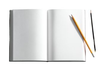 Creative writing inspiration blank page still life top view isolated on transparent background, png