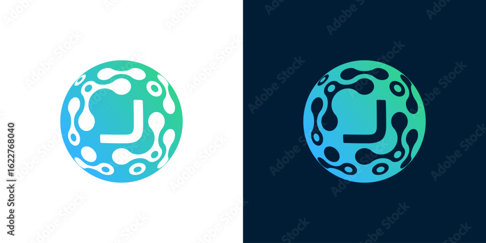 Poster letter j logo design with abstract ball technology digital data connection with green gradient color