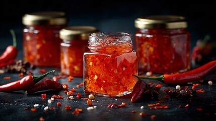Flat lay of pepper jelly jars with chili flakes and red peppers on a bold charcoal background for dramatic contrast