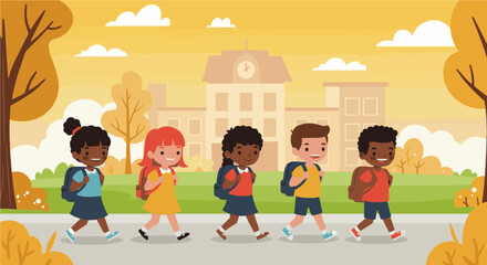 Flat vector illustration of diverse kids with backpacks heading to school with trees and school building in the background. Perfect for back to school themes, education.