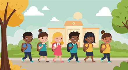 Flat vector illustration of diverse kids with backpacks heading to school with trees and school building in the background. Perfect for back to school themes, education.