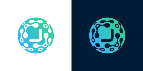 letter J logo design with abstract ball technology digital data connection with green gradient color