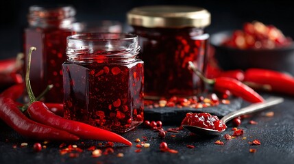 Flat lay of pepper jelly jars with chili flakes and red peppers on a bold charcoal background for dramatic contrast