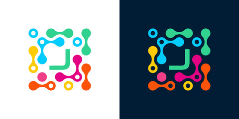 letter j logo design template with connecting circles. Science and medicine symbol with geometric dotted circles. Universal energy and technology vector icon.