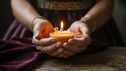 Hands holding a birthday cupcake with a lit candle