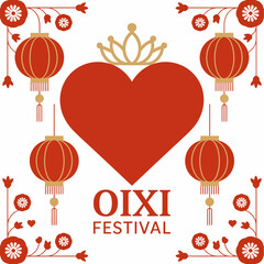 Oixi Festival ornate heart and lanterns, Chinese romance, poster greeting card, creative vector illustration for tshirt