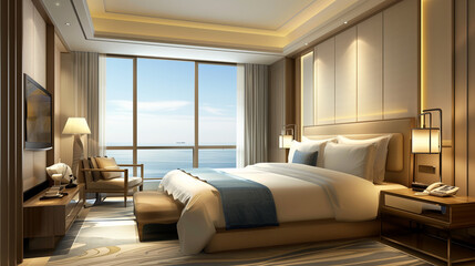 Hotel bed room. A Seaview of a modern bed room in a hotel in China