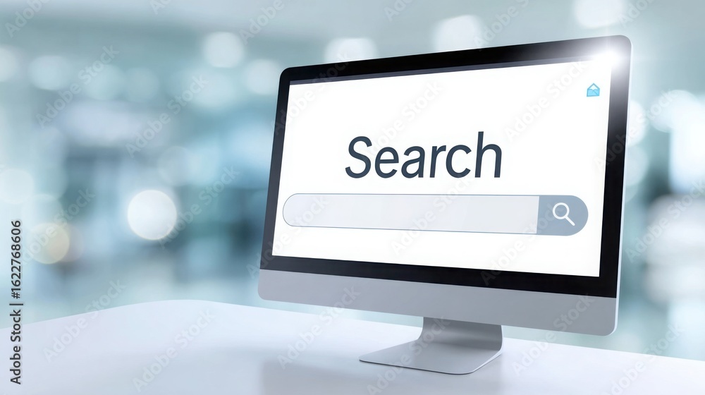 Poster a desktop monitor in focus showing a big search bar with the word 