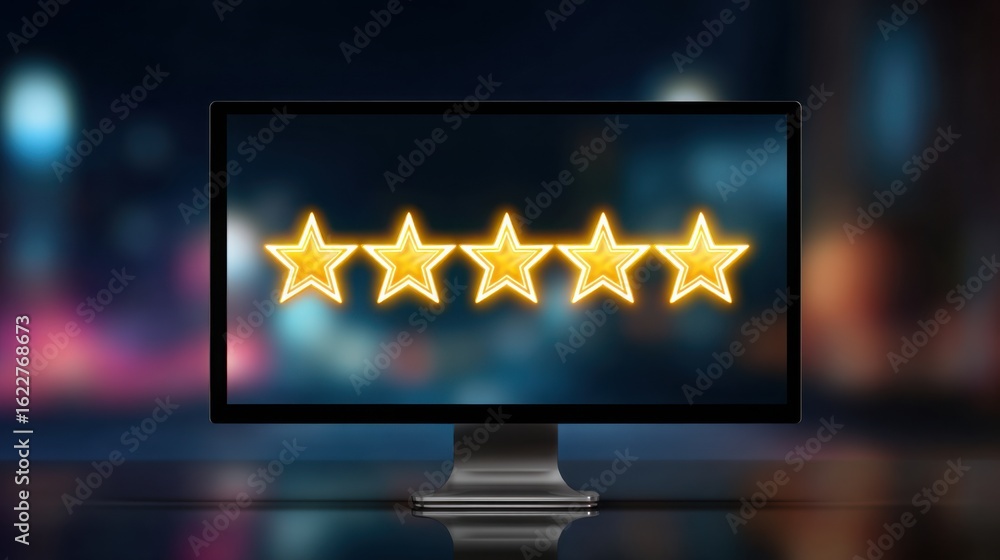 Poster a desktop monitor with five glowing golden stars across the screen, feedback rating concept, modern 