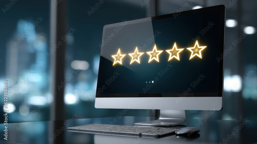 Poster a desktop monitor with five glowing golden stars across the screen, feedback rating concept, modern 