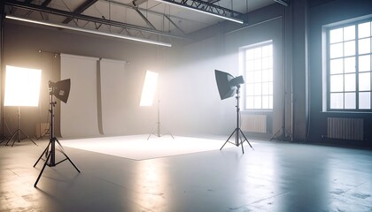 Professional photo studio with bright lights and equipment, a creative concept space.