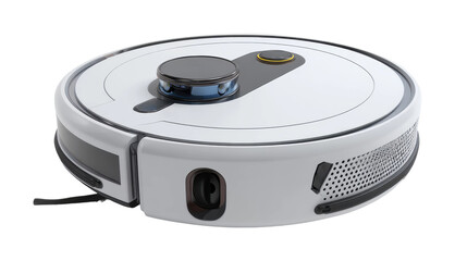Fototapeta premium Innovative robotic vacuum cleaner in modern home technology interior view isolated on transparent background, png