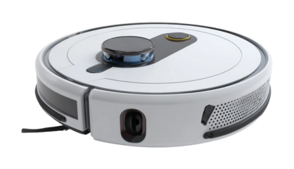 Innovative robotic vacuum cleaner in modern home technology interior view isolated on transparent background, png