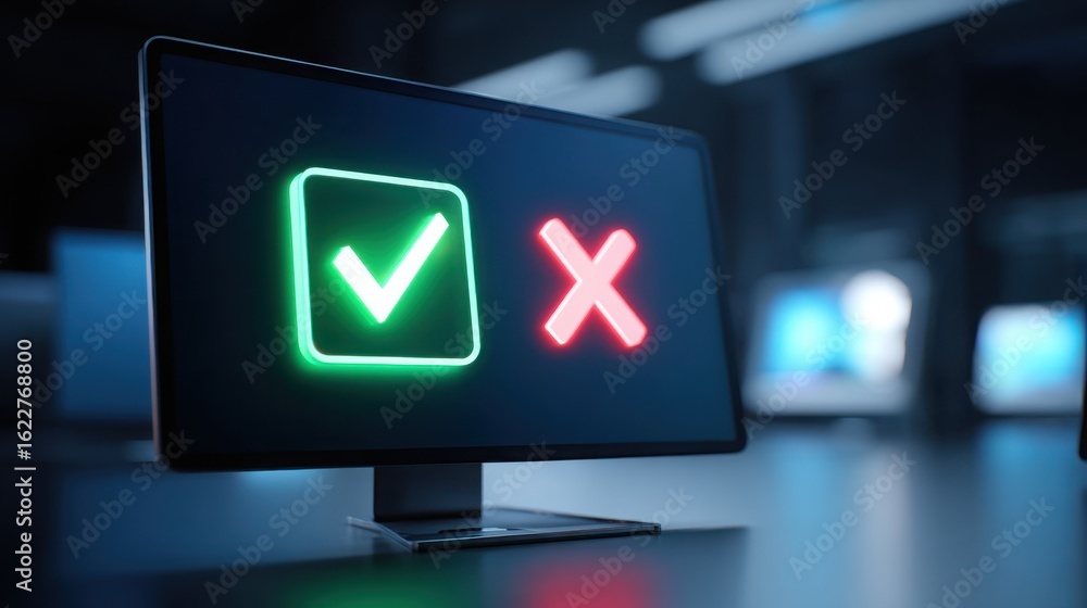 Poster a desktop screen showing a glowing green checkmark and a red x icon side by side, symbolizing approv