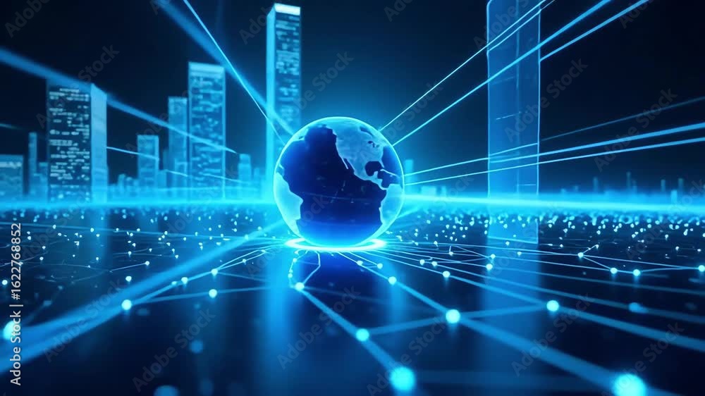 Poster global network technology background futuristic city connection digital world data