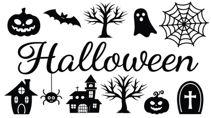 Obraz premium Halloween Icons and Text Black Silhouettes Spooky Theme vector illustration