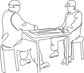 One continuous single drawing line art flat doodle man, backgammon, board game, dice, male, game, playing, hobby, table, people. Isolated image hand draw contour on a white background, hand drawn, not