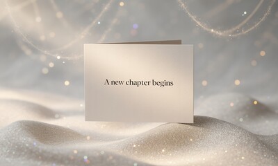 Elegant Card with "A New Chapter Begins" on Glittering Background
