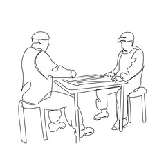 One continuous single drawing line art flat doodle man, backgammon, board game, dice, male, game, playing, hobby, table, people. Isolated image hand draw contour on a white background, hand drawn, not