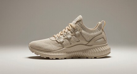 A single light beige athletic shoe with laces and a textured upper on a light neutral background is shown