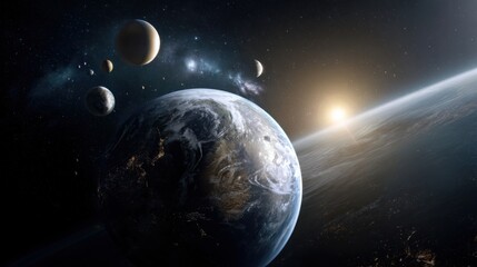 Concept art of the Earth with several moons orbiting it, realistic, epic, cinematic, dark background, distant sun, and stars. 