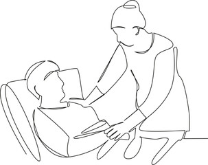 One continuous single drawing line art flat doodle patient, nurse, hospital, doctor, recovery, care, medicine, support. Isolated image hand draw contour on a white background, hand drawn, not AI