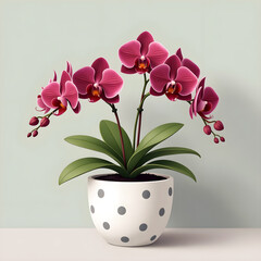 A thriving orchid in a minimalist white pot with subtle spots, adorned with elegant dark red flowers with beautiful green leaves , placed against a soft, pastel-grey wall, evoking a serene atmosphere