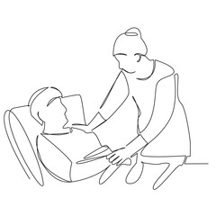 One continuous single drawing line art flat doodle patient, nurse, hospital, doctor, recovery, care, medicine, support. Isolated image hand draw contour on a white background, hand drawn, not AI