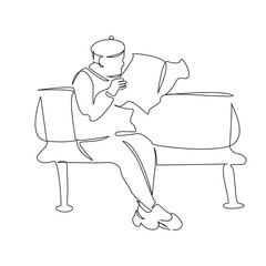 One continuous single drawing line art flat doodle reading, newspaper, sitting, bench, adult, outdoors, relaxation, old, man. Isolated image hand draw contour on a white background, hand drawn, not AI