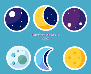 A collection of moon stickers with different phases and colors on a light blue background
